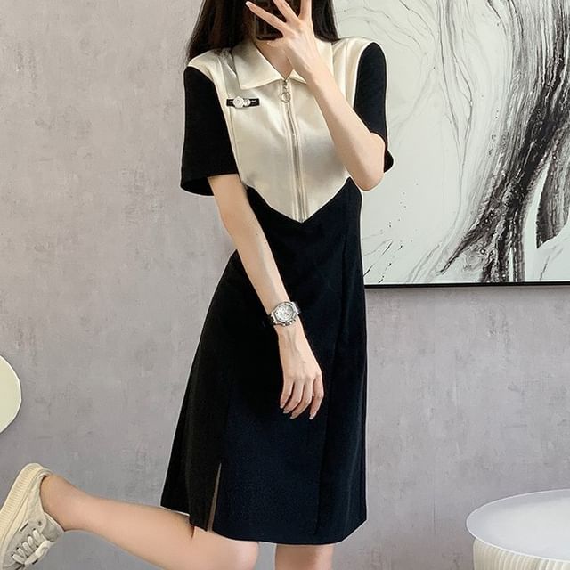 Aurora - Short-Sleeve Collared Two Tone Half Zip Slit Mini A-Line Dress | YesStyle Aurora - Short-Sleeve Collared Two Tone Half Zip Slit Mini A-Line Dress | YesStyle