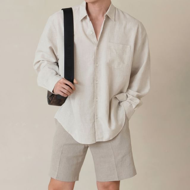 Okwano-Long Sleeve Collared Plain Linen Oversized Shirt