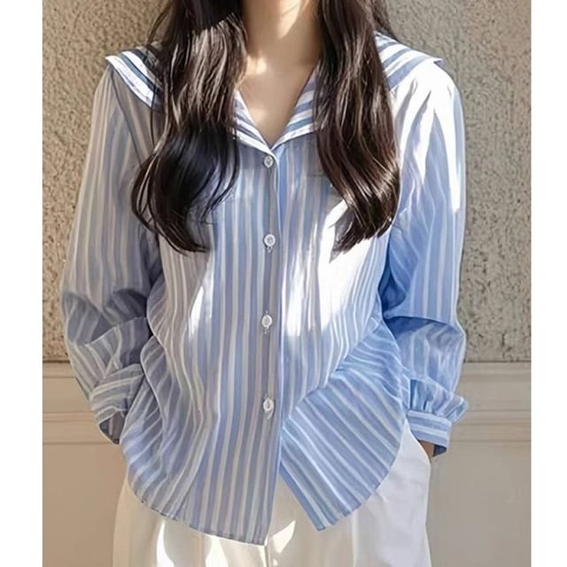 PINPI-Long Sleeve Striped Button Down Shirt With Sailor Collar