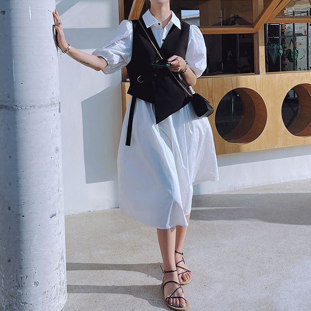 cotton dress with vest Secolo - Set: Puff-Sleeve Shirt Dress + Vest