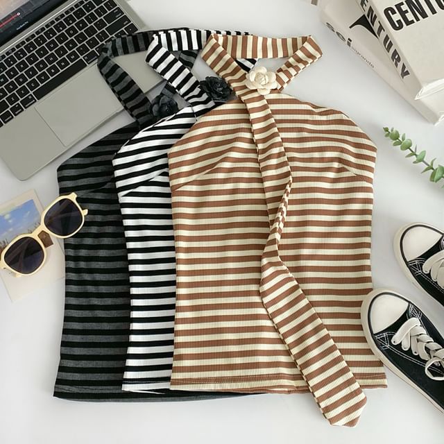 Iasia-Halter Neck Striped Crop Knit Top