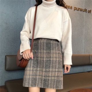 Everose-Plaid Tweed Mini Pencil Skirt