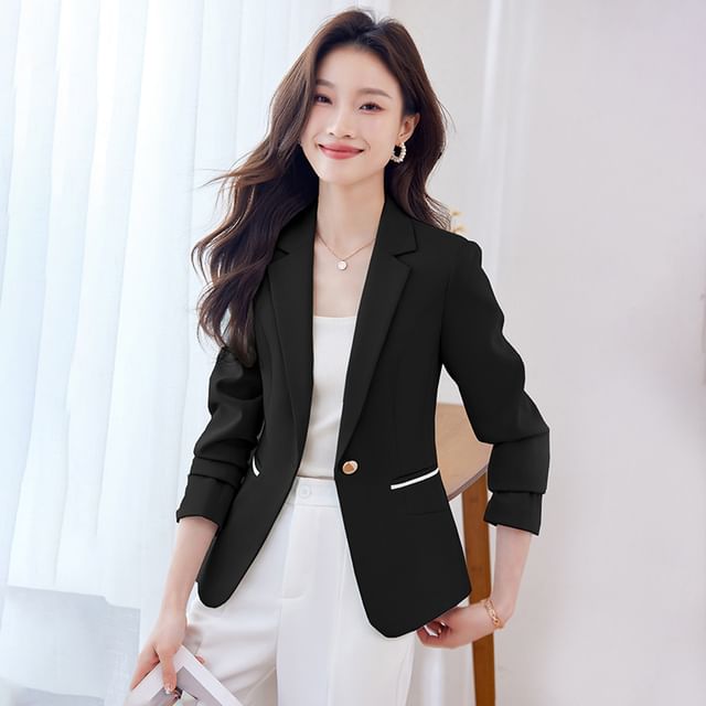 Skyheart-Notch Lapel Contrast Trim Single-Button Blazer