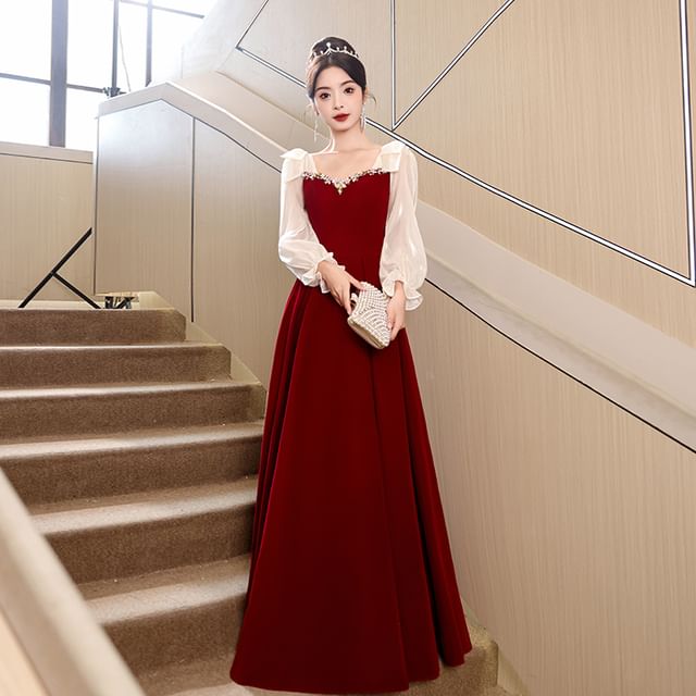 MSSBridal - Long-Sleeve Square Neck Bow Rhinestone Panel A-Line Evening Gown  | YesStyle