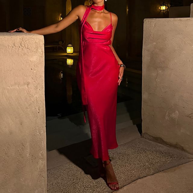 Alizio - Set: Spaghetti Strap Cowl Neck Plain Open Back Satin Maxi Bodycon Dress + Skinny Scarf | YesStyle Alizio - Set: Spaghetti Strap Cowl Neck Plain Open Back Satin Maxi Bodycon Dress + Skinny Scarf | YesStyle