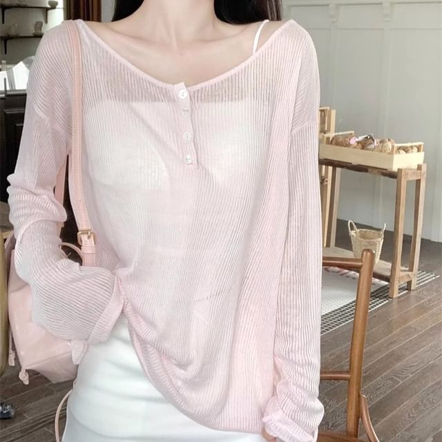 Hevnir-Long-Sleeve Henley Plain Tie Back T-Shirt