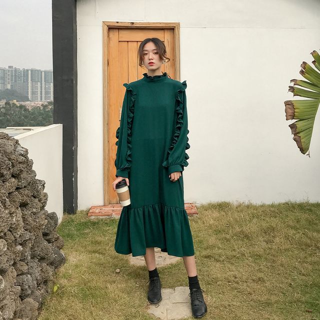 green emerald velvet dress LONG SLEEVE RUFFLE DRESS – Cinderella's Closet Boutique