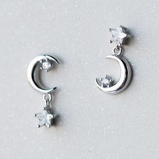 8mm x 9mm Solid 925 Sterling Silver Moon & Star Mini Earrings 