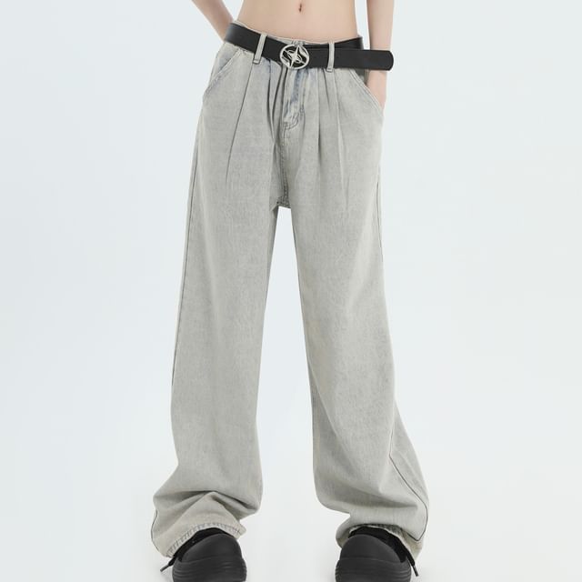 INStudio-Mid Rise Washed Wide Leg Jeans