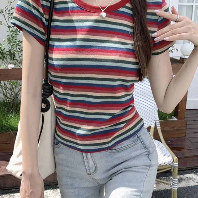 Porstina-Short-Sleeve Round Neck Striped Tee