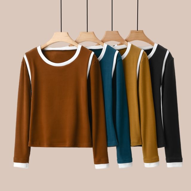 KUMI-Long-Sleeve Round Neck Contrast Trim Tee