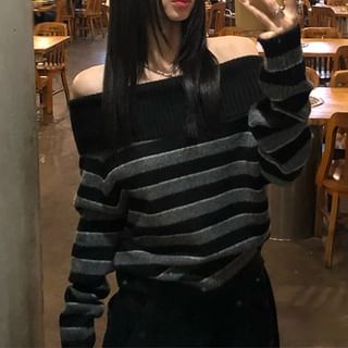 monroll-Off-Shoulder Striped Sweater