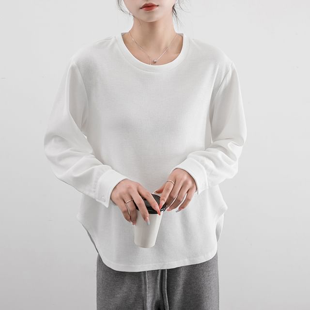 Magimomo-Long Sleeve Crew Neck Plain Waffle Tee