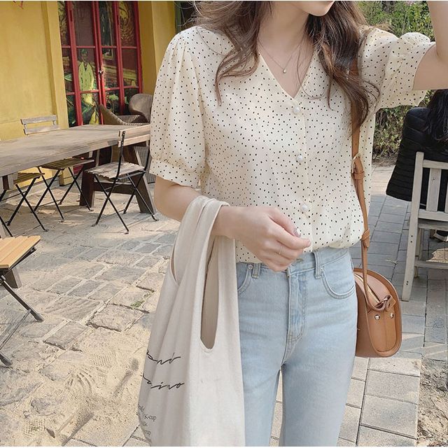Everose-Short-Sleeve Dotted Chiffon Blouse