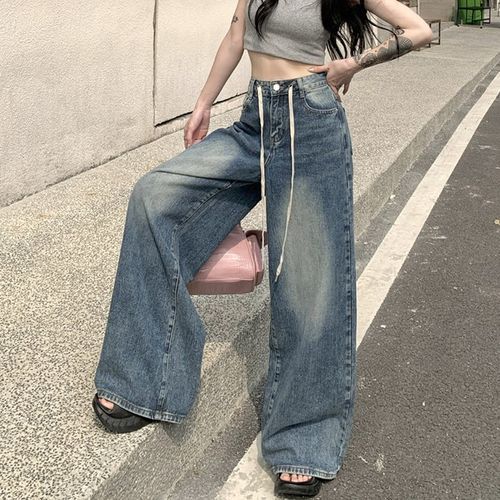 Low-Waist Drawstring Washed Wide-Leg Jeans