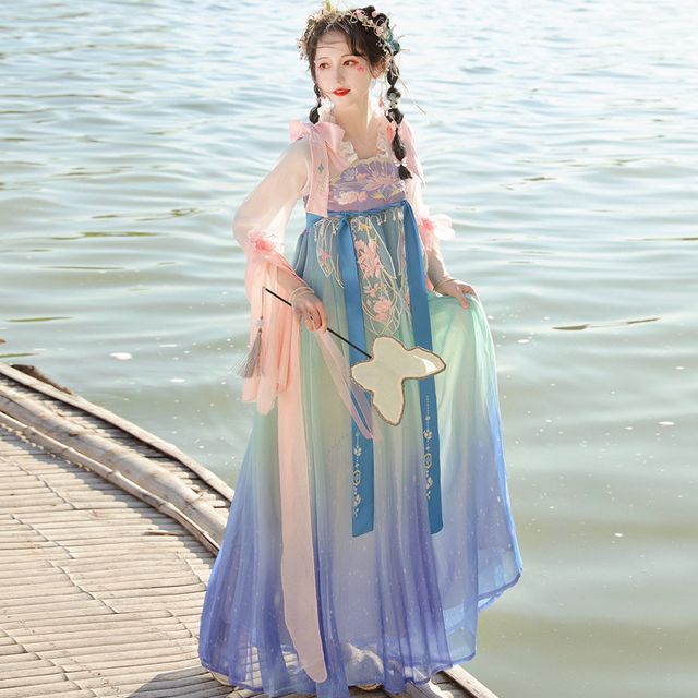 chinese dress ladies High Neck Modified A-Line Dress with Bell Sleeves Coral / FR 42