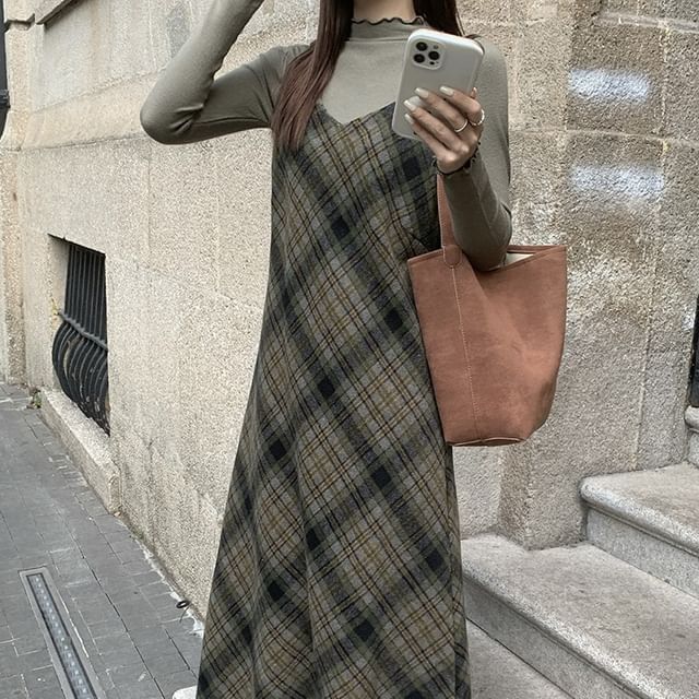 monroll Long Sleeve Mock Neck Plain Top Spaghetti Strap V-Neck