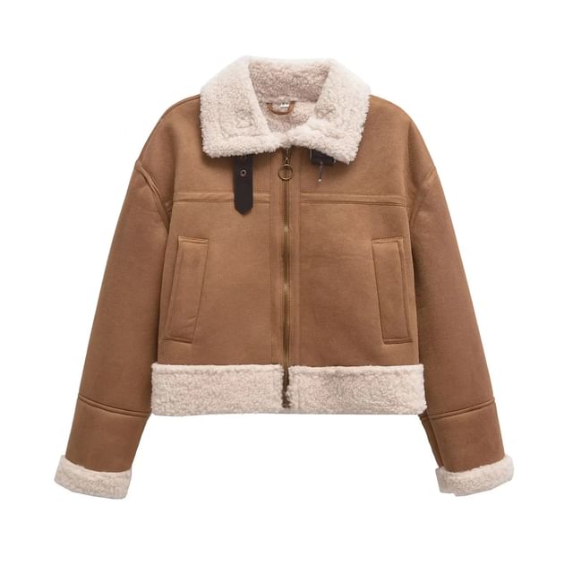 Asiris-Collared Faux Suede Cropped Zip Jacket
