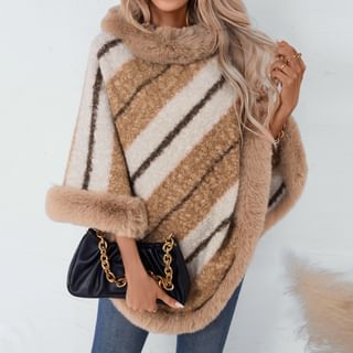 Pinkkus Striped Fluffy Trim Knit Poncho Sale