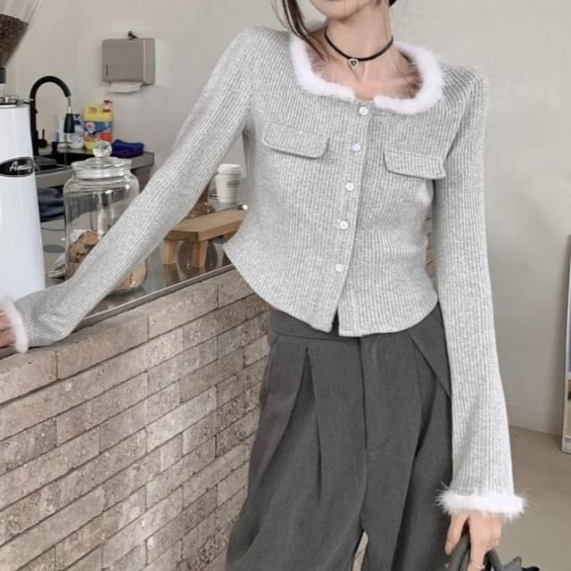 Yako-Long Sleeve Square Neck Fluffy Trim Ribbed Button Top