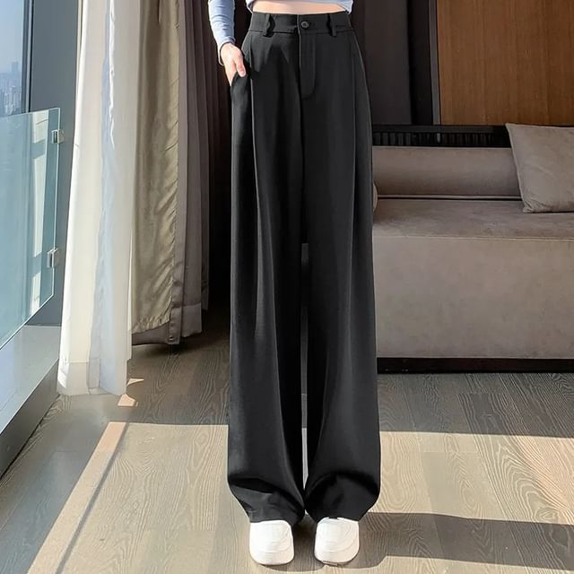 Dovitade-High Waist Plain Baggy Slacks