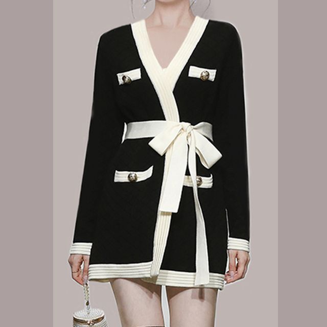 Aurora - Two-Tone Knit Dress with Sash 