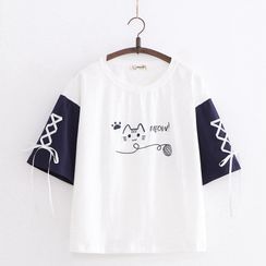 Selva - Short-Sleeve Cat Print Lace-Up T-Shirt