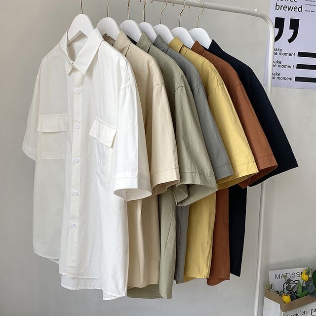 GRAYCIOUS-Elbow-Sleeve Collared Plain Shirt