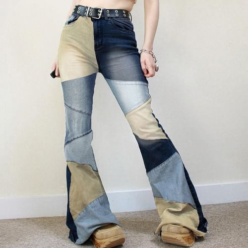 Women Low Waist Pockets Flared Jeans in Color Blocking for A