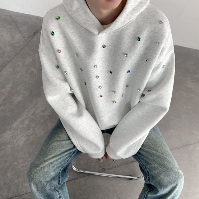 Orungeetun-Drop-Shoulder Plain Rhinestone Hoodie