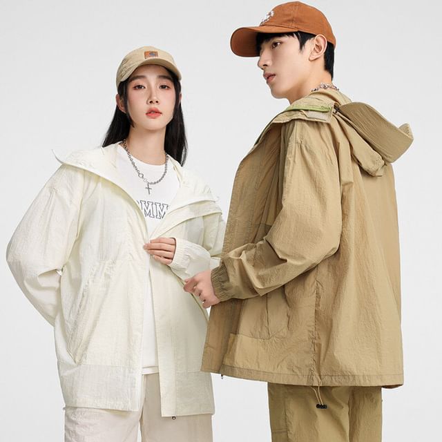 Bay Go Mall-Hooded Plain Zip Jacket
