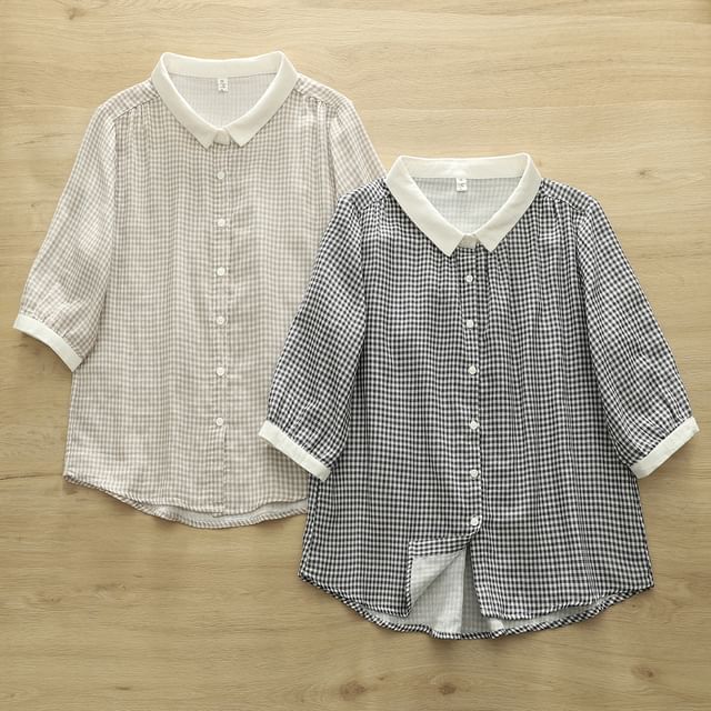 PANDAGO-Elbow-Sleeve Button-Up Cotton Shirt