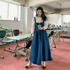 FROMBEGINNING - Flared Denim Maxi Overall Dress FROMBEGINNING - Flared Denim Maxi Overall Dress