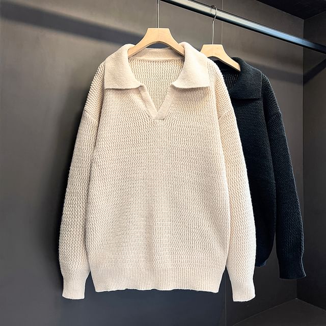 Plummie-Collared V-Neck Drop Shoulder Plain Oversized Sweater