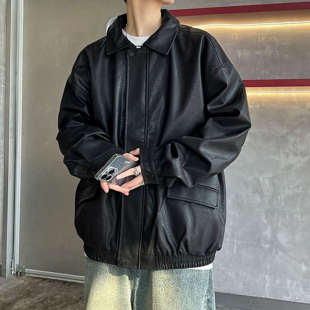 Plummie-Lapel Neck Plain Faux Leather Oversized Zip Jacket