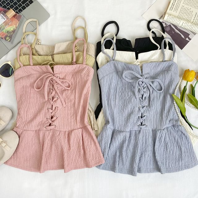 Iasia-Ruffle Hem Lace-Up Plain Crop Cami Top