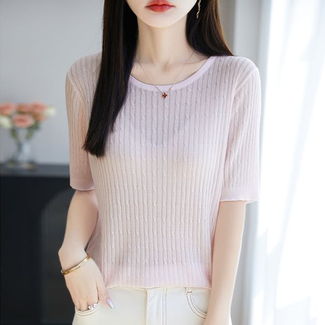 Weelop-Short Sleeve Round Neck Plain Cable Knit Top