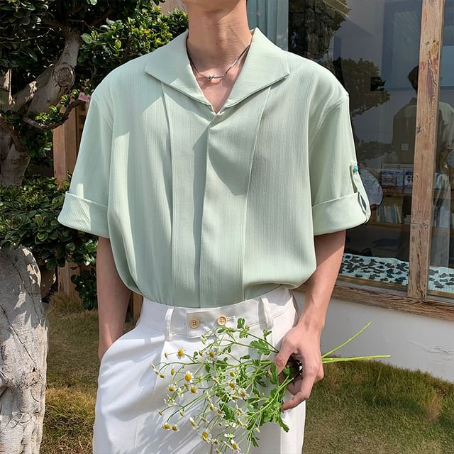 Nahagin-Short-Sleeve Plain Button-Up Shirt