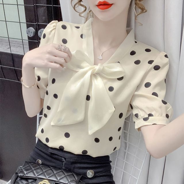 Everose-Short-Sleeve Tie-Neck Dotted Blouse