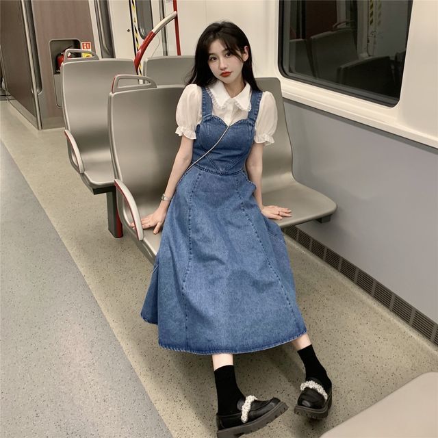 white christmas dresses Blue Denim Midi Overall Dress – Buddhatrends main image 1