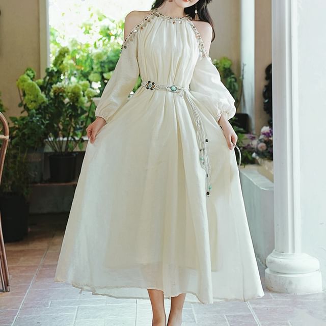 Set: Puff-Sleeve Cold-Shoulder Lace Trim Maxi Smock Dress + Beaded Belt Set: Puff-Sleeve Cold-Shoulder Lace Trim Maxi Smock Dress + Beaded Belt