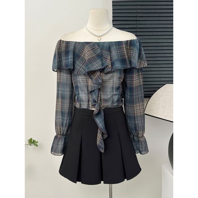 Lemongrass-Ruffled Off-Shoulder Plaid Crop Top