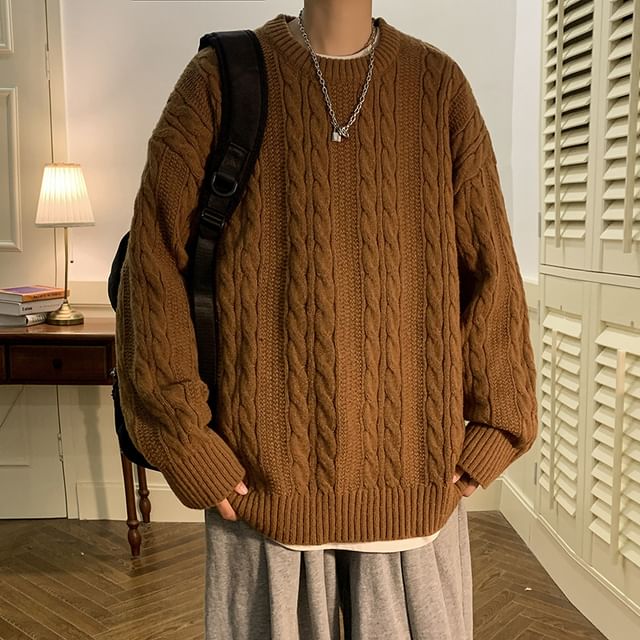 Neonity Wear-Crew Neck Plain Cable Knit Sweater