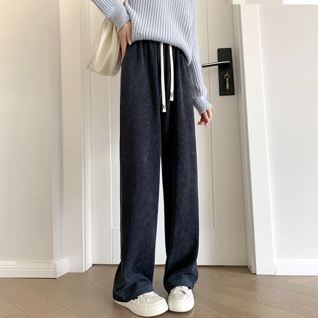 monroll-Drawstring Waist Corduroy Loose Fit Pants