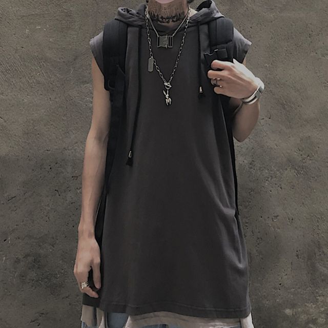 INStudio-Plaid Hooded Sleeveless T-Shirt