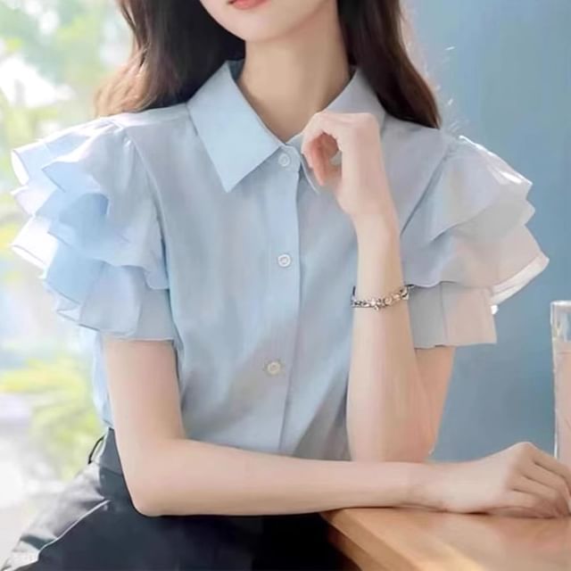 ISSOL-Short-Sleeve Ruffle Plain Shirt