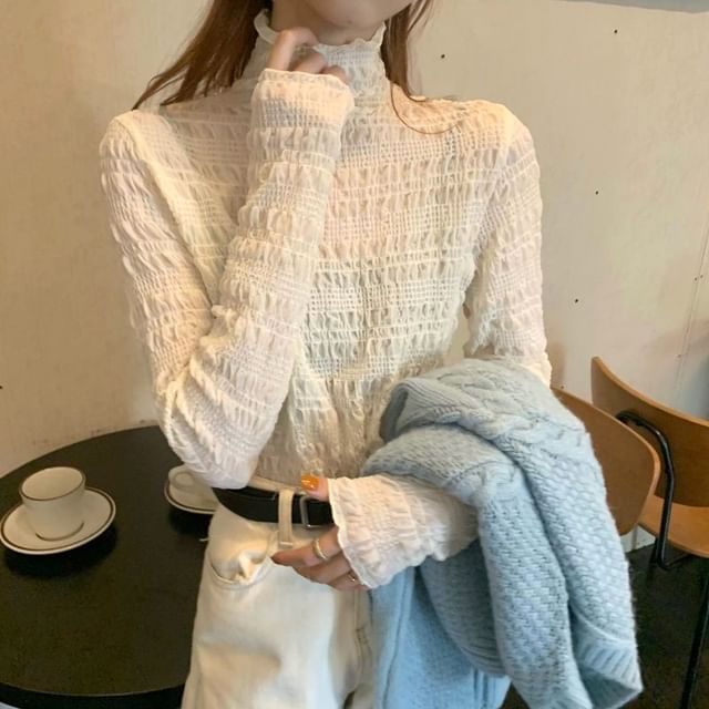 Hevnir-Long Sleeve Turtleneck Plain Ruched Top