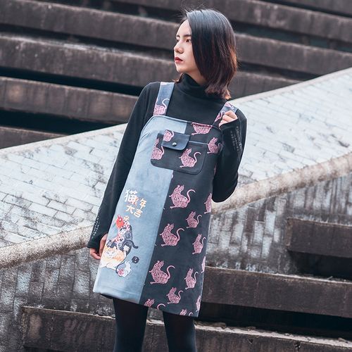 Nekomata - Cat Print Panel Jumper Dress | YesStyle
