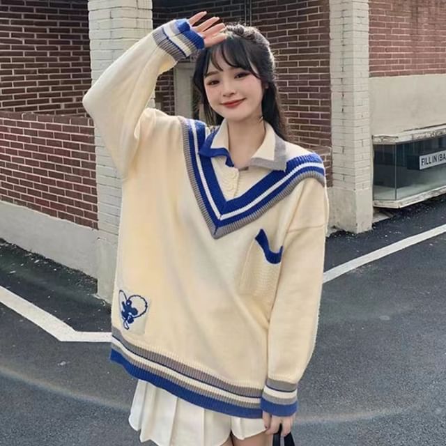 Everose-Striped Mock Two Piece Polo Sweater