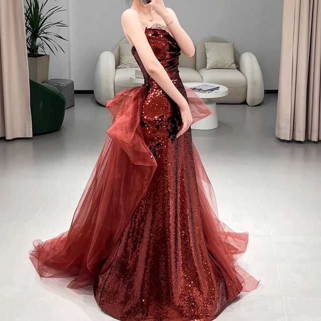 Fioridi-Plain Sequin Panel Mesh A-Line Tube Evening Gown